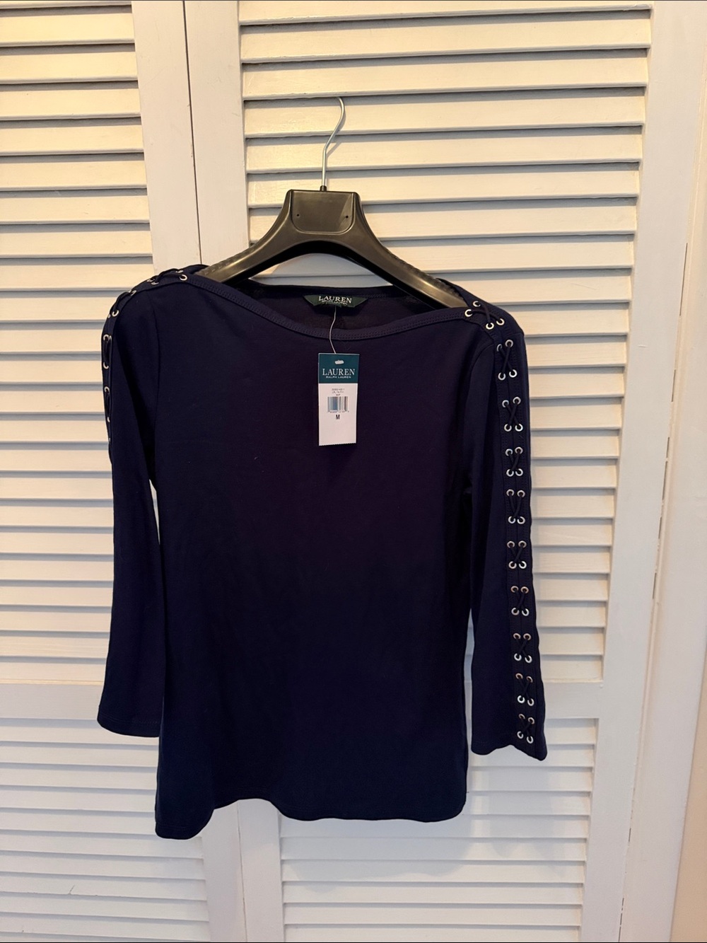 Nwt Lauren Ralph Lauren Navy Long Sleeve Top with Grommet-Trim Sleeves M